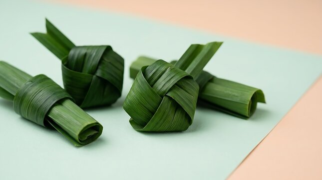 fresh knotted pandan leaves on a minimalist two-tone pastel background