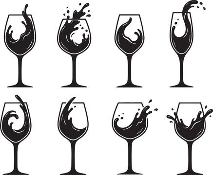 Collection of wine glass silhouettes with splashing liquid beverage silhouette