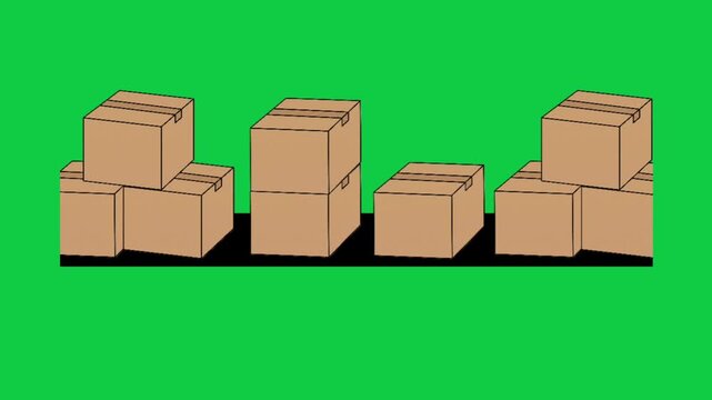 Animation of a stack of shipping boxes against a green screen background; suitable for projects involving packaging, warehousing, moving, shipping, inventory, and e-commerce.