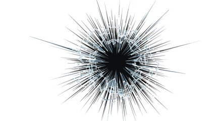 Fototapeta premium Realistic digital illustration of a shattered glass effect with radial cracks and shards exploding from a central point on a white background.