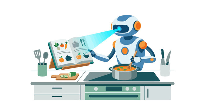 AI robot chef scanning cookbook and cooking healthy soup in modern kitchen flat design vector illustration.