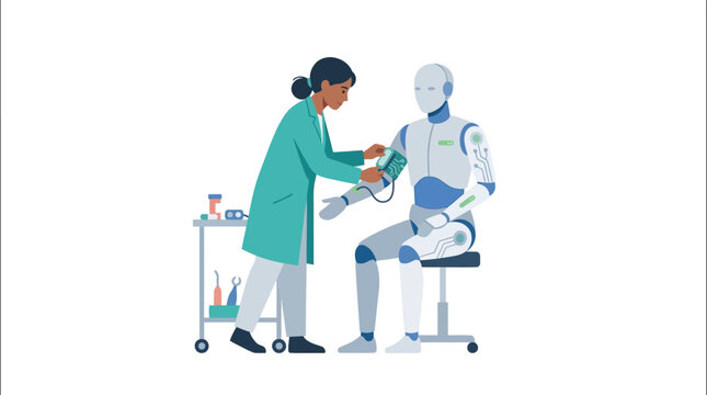 Biomedical engineer performing technical maintenance on a humanoid robot arm flat design vector illustration.