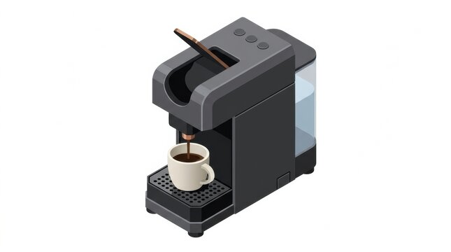 Coffee is being brewed in a modern machine with a simple design. A cup is placed underneath to collect the fresh coffee.