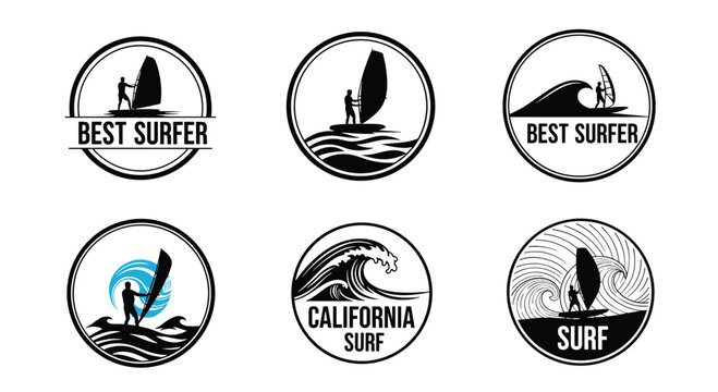 Collection of vintage style surfing and windsurfing logos badges and circular emblems featuring waves surfers and palm trees for branding.