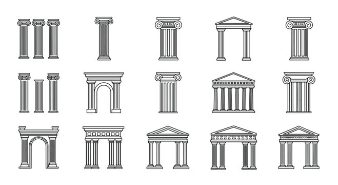 Detailed line art icons of classical architectural elements including various styles of columns, arches, and temple pediments in black and white.