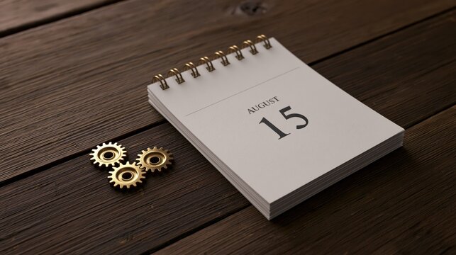 August 15 Desk Calendar on Wooden Table with Golden Gear Icons, Productivity Planning and Time Management Concept
