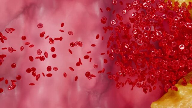 Blood vessel obstruction caused by fatty cholesterol buildup demonstrating reduced circulation, vascular inflammation, and increased risk of coronary artery disease and stroke. 3D Rendering
