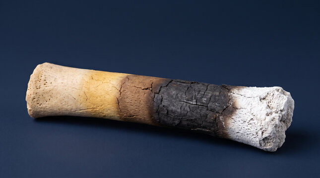 Bone thermal trauma calcination color gradient macro navy forensic.  