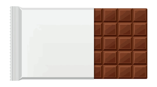 Chocolate bar partially unwrapped, showcasing brown squares on white background
