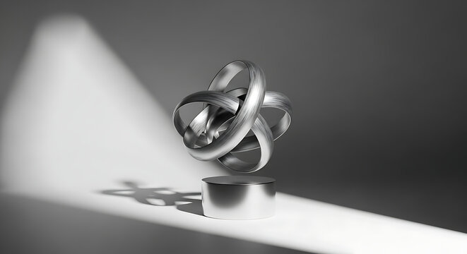 Metallic puzzle, brain teaser, interlocking rings, reflective surface