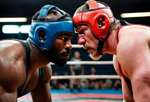 Two wrestlers facing off during a match