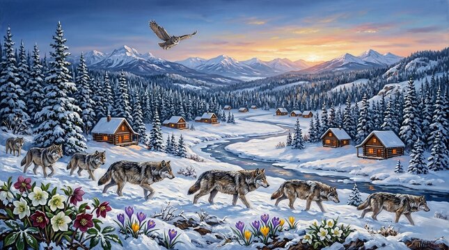 Idyllic oil painting of a wolf pack's winter journey past cozy log cabins, as first spring flowers bloom in the snow-covered mountain valley at sunrise.