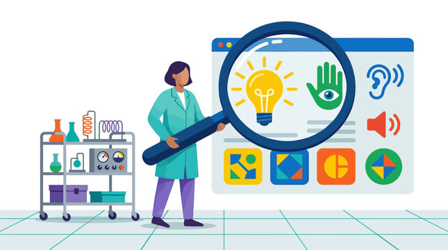 Accessibility specialist checking website interface for inclusive design and web compliance flat vector illustration.