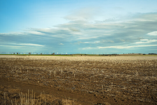 Tranquil scene of a rual farming landscape against blue sky, with renewable energy wind turbines in the horizon, Berrybank, Victoria, Australia