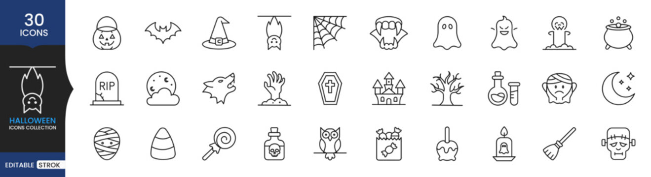 Halloween Icons Set, Editable Stroke Outline Vector Collection, Trick or Treat, Pumpkin, Ghost, Bat, Witch Hat, Skull, Spider Web, Candy, Cemetery Line Icons