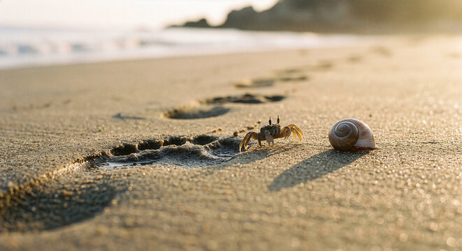 Small ghost crab and seashell next to human footprints in wet sand on beach at golden hour with ocean waves in background