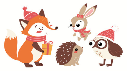 Obraz premium Cute woodland animals in winter hats and scarves gather around a gift