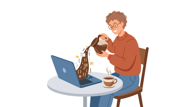 Creative software developer pouring digital code from a coffee pot into a laptop workstation flat design vector illustration.