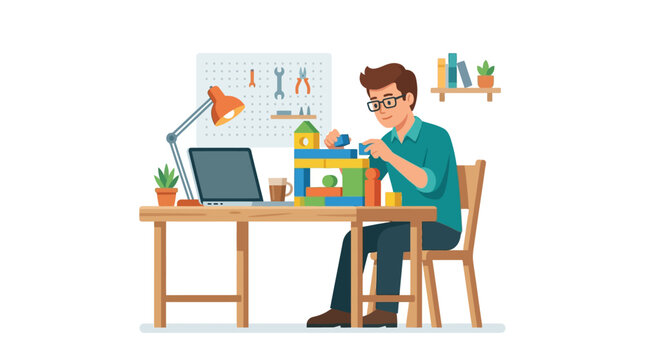 Creative male web developer building website architecture with colorful toy blocks on office desk flat vector illustration