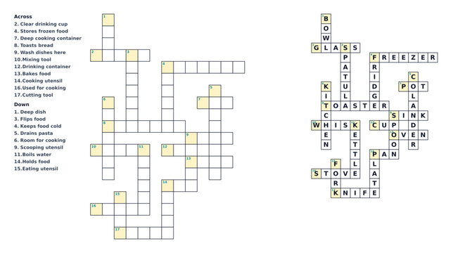 Kitchen Crossword Worksheet with Clues and Answer Key Vector