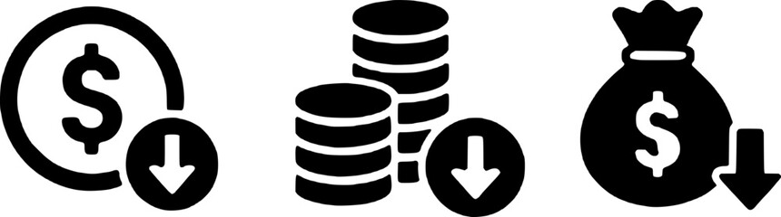Black icons depicting declining money, coins, and a bag with a dollar sign, symbolizing financial loss, decrease, or reduction in wealth, expenditure, and budget. © SarfarazAhmed