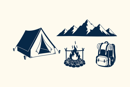 Hand drawn vintage camping and hiking elements with tent mountain range campfire and travel pack.