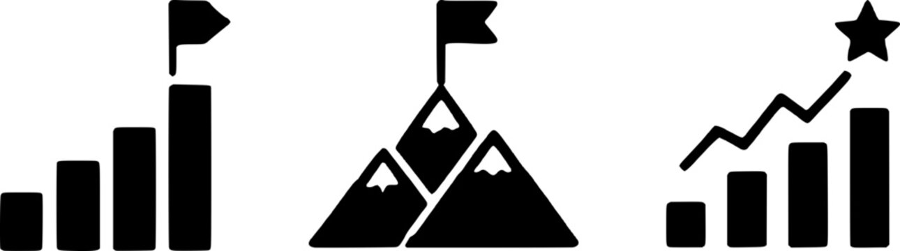 Black icons depicting business success and growth, including bar graphs, mountain peaks with flags, and increasing charts with a star, symbolizing achievement and progress in finance and strategy.