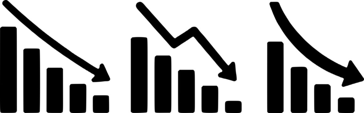 A black and white graphic illustration of decreasing business graphs and charts with downward arrows, indicating a decline in statistics, sales, or market trends.