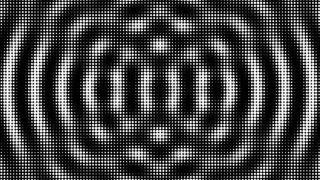 Seamless Halftone Wave Interference Animation Loop: Three Source Radiating Dot Rings, Moir&eacute; Oscilloscope Geometry, Shimmering Intersecting Waves Abstract Black Background White Dots