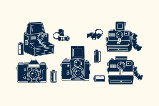 Vintage Film Camera Illustration Set with Analog Photography Equipment and Negative Film Rolls Vector