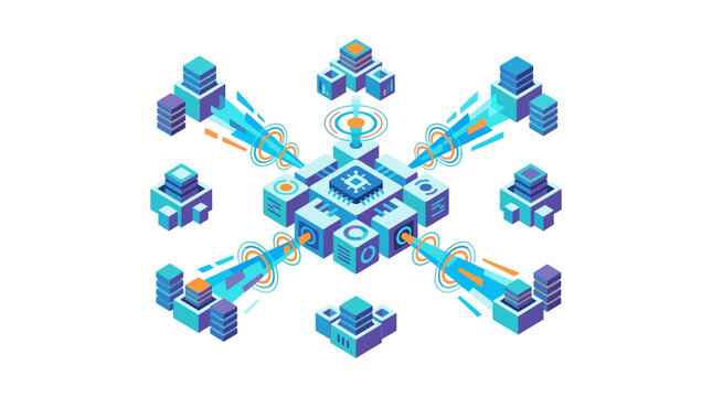 Central processor distributing data to multiple networked server clusters in cloud computing system isometric vector illustration.