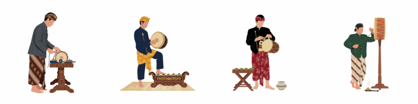 Set of four vector illustrations of Indonesian men in traditional costumes playing gamelan and various ethnic percussion instruments on a white background.