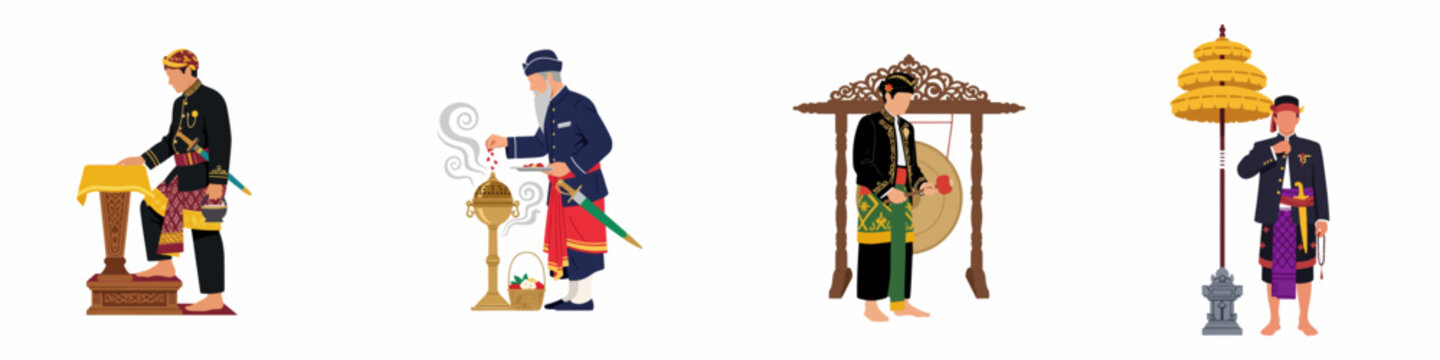 Set of illustrations depicting men in traditional Indonesian attire performing various cultural rituals including playing a gong, burning incense, and carrying a ceremonial umbrella.