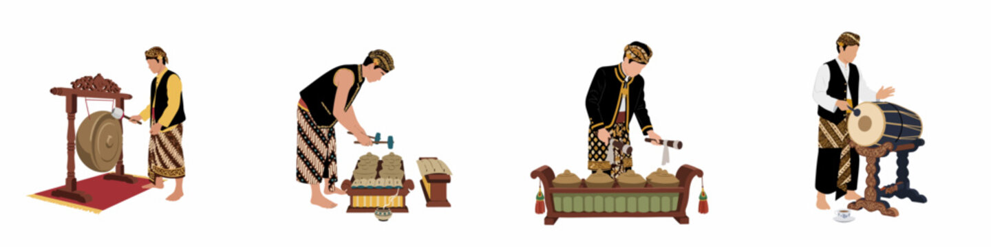 Set of flat illustrations featuring Javanese men in traditional costumes playing various instruments from the Indonesian Gamelan orchestra ensemble.
