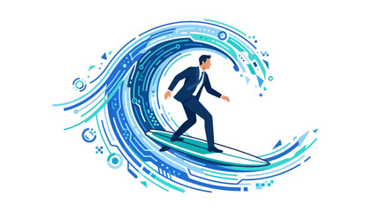 Fototapeta premium Businessman surfing on digital data wave navigating through technology innovation flat design vector illustration.