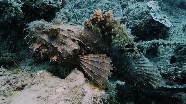 Close-up of a scorpionfish resting motionless on a colorful coral reef, using camouflage to blend with the seabed.