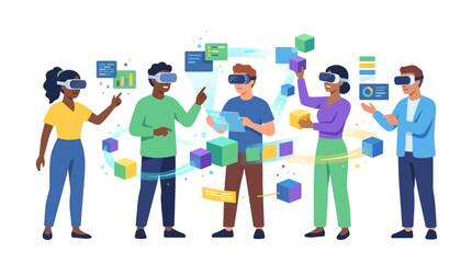 Obraz premium Diverse professional team wearing VR headsets collaborating on interactive data and 3D modeling flat vector illustration.