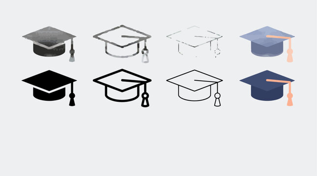 A set of graduation cap icons in multiple styles, including solid black and outline versions.