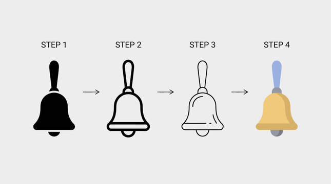  A step-by-step vector illustration process for creating a stylized school handbell icon.