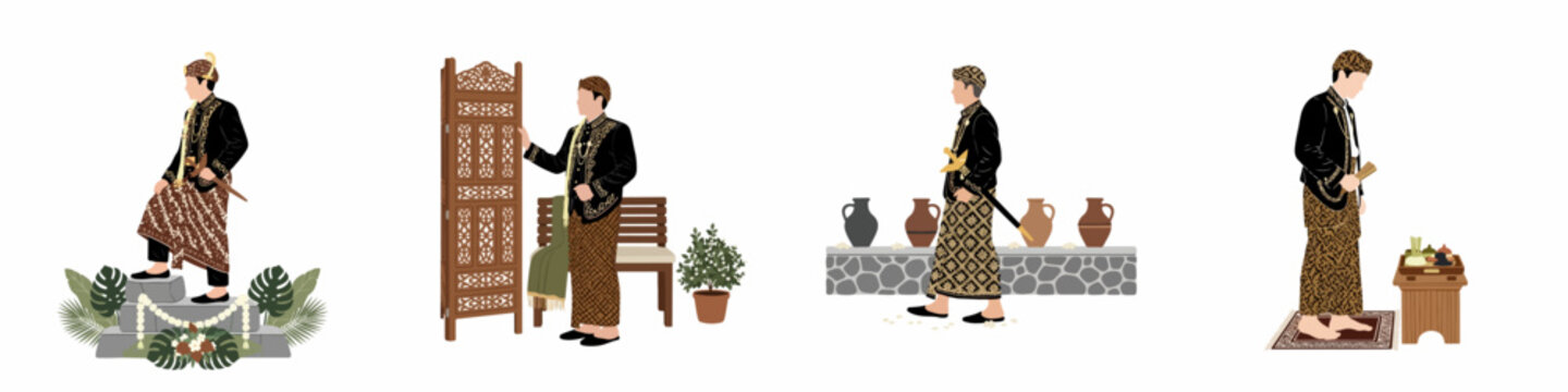 Vector illustrations of a groom in traditional Javanese wedding dress, Beskap and Batik, performing different cultural marriage rituals and ceremonies.