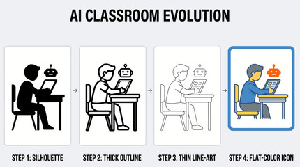 Naklejka premium The A vector illustration depicts the evolution of an AI classroom, featuring a student sitting at a desk with a laptop and a small robot icon.