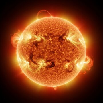Glowing orange sun sphere with solar flares and prominences