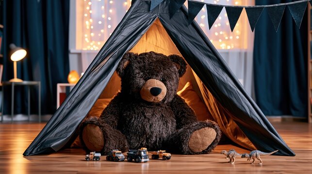 Large brown teddy bear sitting inside a play tent with toy cars and dinosaurs on wooden floor