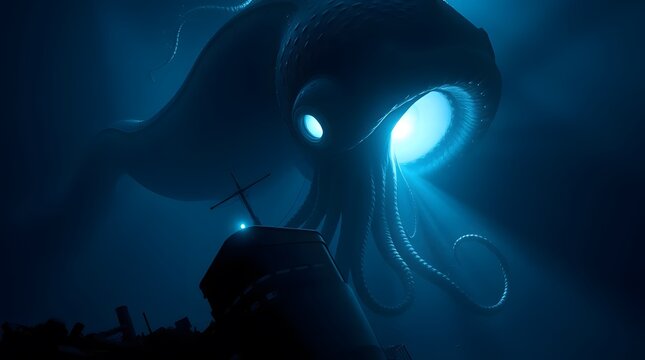 A giant squid monster rises from the dark ocean depths at night