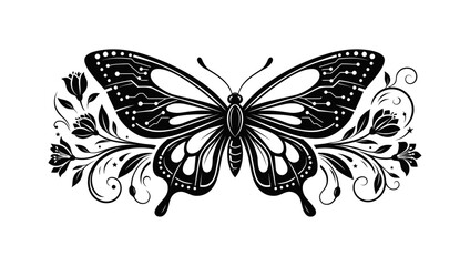 Fototapeta premium Ornate monochrome butterfly illustration with circuit wing patterns and floral scrolls. Symmetric digital nature graphic for creative design projects