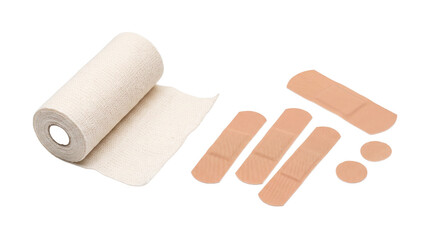 Obraz premium Medical elastic bandage roll and assorted adhesive bandages for wound care and first aid supplies PNG Isolated on transparent background