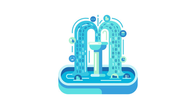 Digital binary code fountain flowing with information icons representing data stream flat vector illustration.