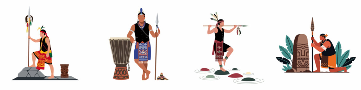 Illustration set of indigenous men in traditional ethnic costumes with spears and cultural artifacts representing Southeast Asian tribal heritage.