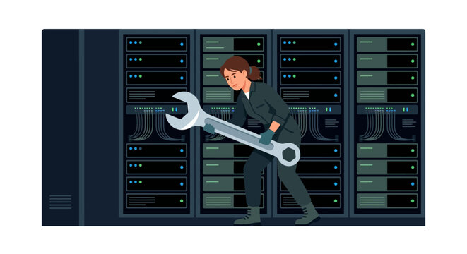 Female technical lead fixing server system in data center with giant wrench flat vector illustration.