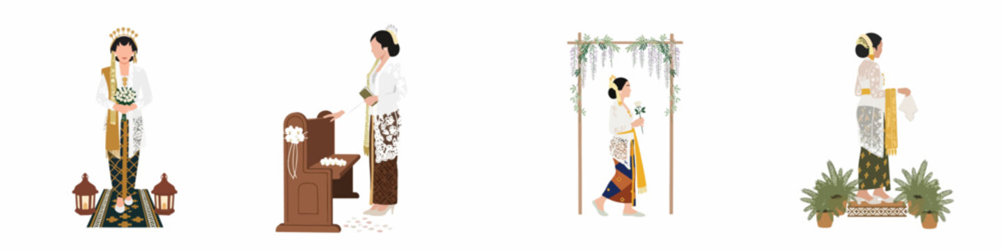 Set of illustrations depicting a bride in traditional Indonesian Kebaya wedding attire in various ceremonial settings, flat design style.